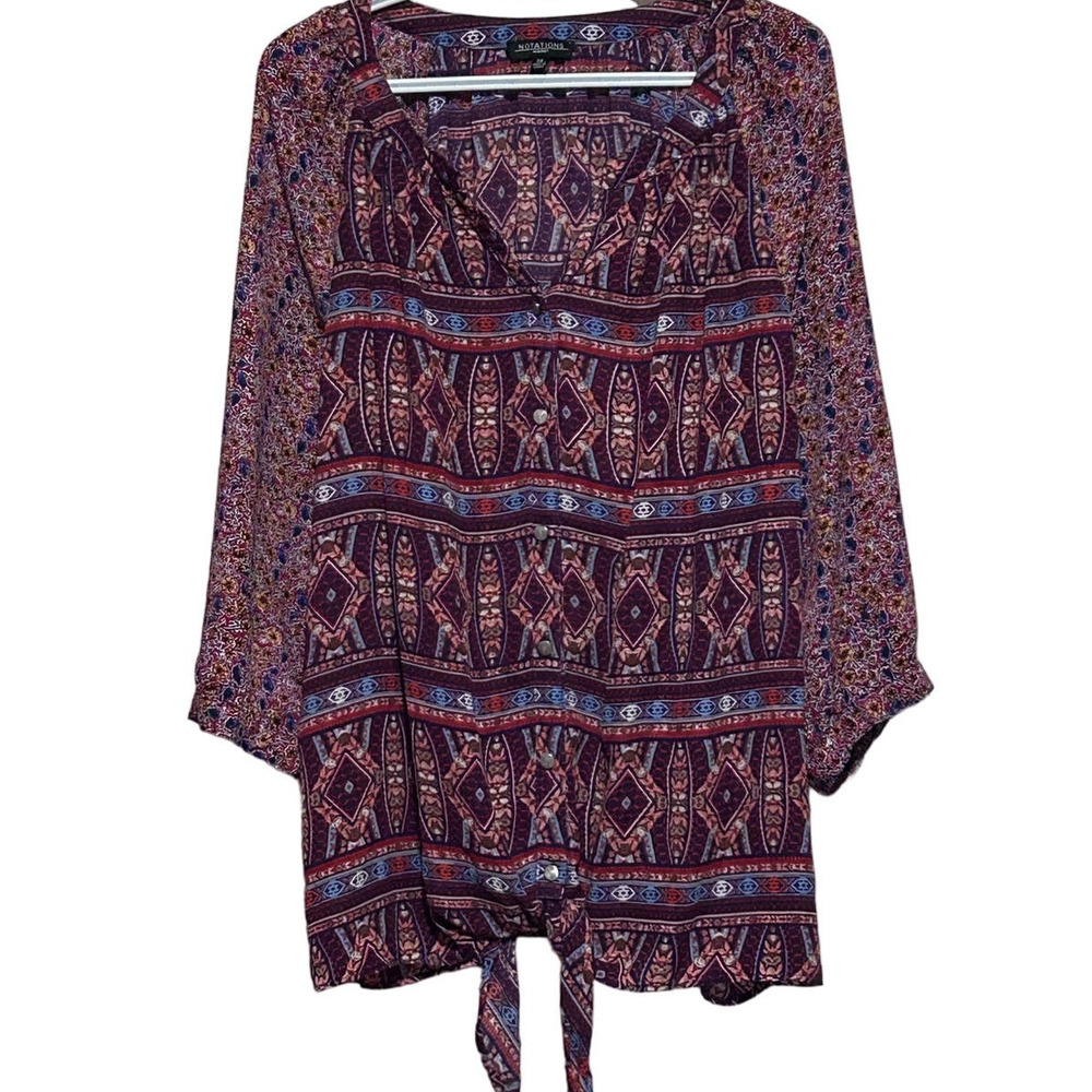 Notations Woman V-Neck Floral Button Front Long Sleeve Ties at Hem Size 2X - Picture 1 of 4